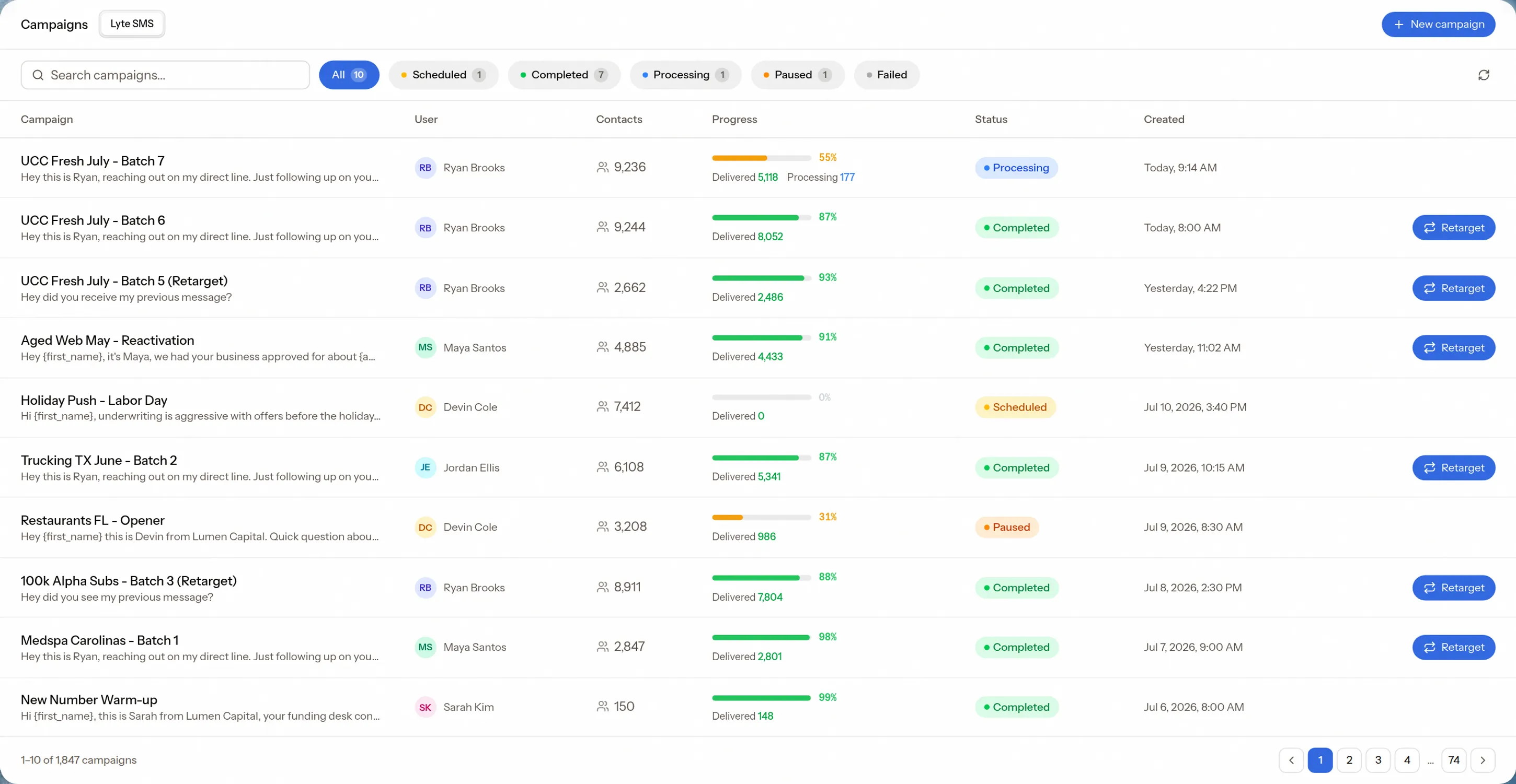 The Lyte campaigns screen — each blast with its batches, delivery counts, replies and opt-outs
